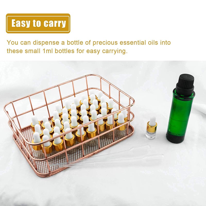Easeen Sample Dropper Bottles, Mini Dropper Bottles with 2 Pcs Plastic Droppers for Traveling Essential Oils DIY Cosmetic Liquid Sample Perfume (Gold, 1ML) - Image 5